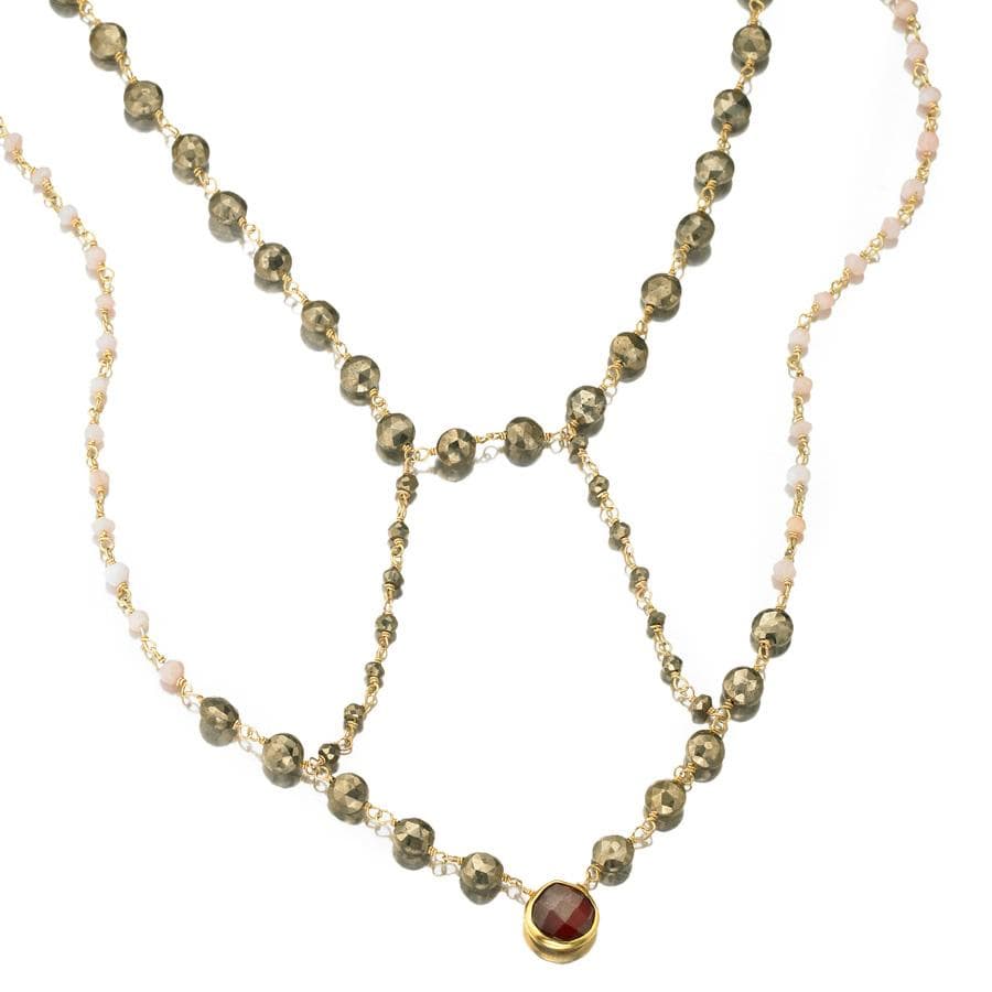 ela rae cleo necklace pyrite pink opal smoky quartz 14k yellow gold plate